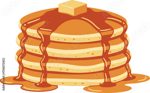 Stack of pancakes isolated on white background with butter and maple syrup topping