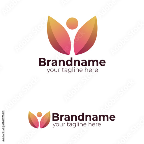Abstract Human Figure Logo Design Symbolizing Growth, Wellness, and Health Care, Featuring Vibrant Leaf Shapes with Orange Pink Gradient Colors