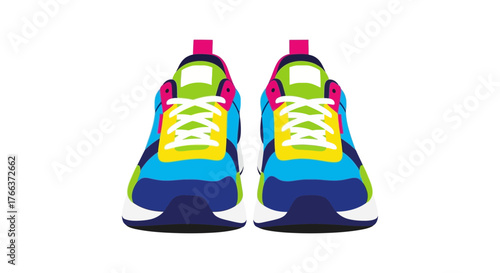 Vibrant, colorful athletic shoes displayed front-on against a clean white background.