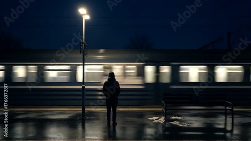 A solitary figure waits at a dimly lit train station as a train rushes past under a night sky