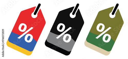 Red and blue price tag with percentage sign isolated on white background