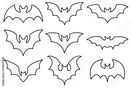 Halloween bat set, Collection of halloween bats silhouette vector of fill and outline. 