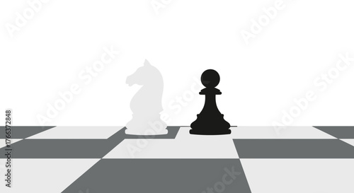 Strategic chess pieces, a white knight and a black pawn, facing each other on a board, representing strategy and competition.