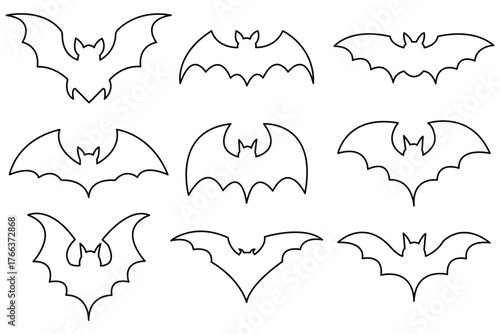 Halloween bat set, Collection of halloween bats silhouette vector of fill and outline. 