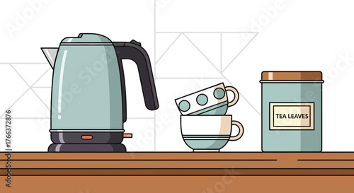 Modern electric kettle and tea set arranged on a wooden surface, ready for brewing.