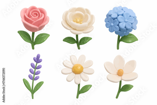 Elegant 3D cartoon flowers with rose, daisy, hydrangea, and lavender in pastel tones. Perfect for floral art, spring design, and decoration projects.