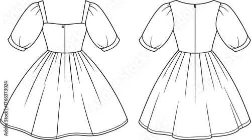 Fashion dress technical flat sketch, puff sleeve garment design, square neckline clothing template, stylish apparel illustration, cad drawing flat vector illustration