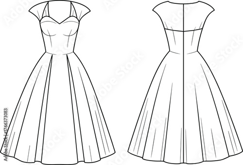 Elegant fashion dress technical flat sketch, front and back view, sweetheart neckline, pleated skirt, vector CAD drawing flat illustration