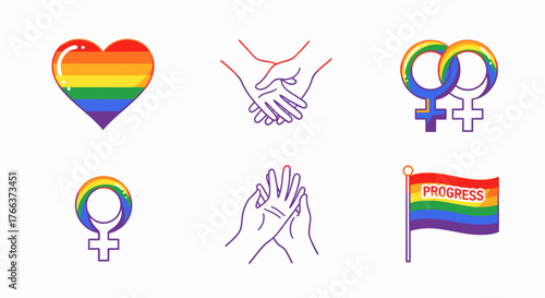 A collection of six LGBTQ+ pride icons including a rainbow heart, holding hands, and a progress flag.