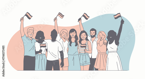 A diverse group of people holding flags, celebrating unity and diversity with colorful backgrounds.