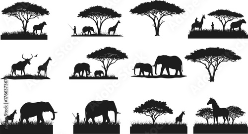African wildlife silhouette with elephants, giraffes, trees and safari scenery, jungle nature landscape illustration, wild animal adventure in savanna Africa