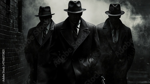 Three men in dark overcoats and hats walk down a dark alleyway, shrouded in smoke, exuding an aura of mystery and authority.