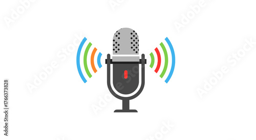 Microphone with sound waves isolated on white background, vector illustration