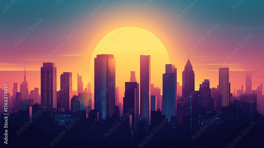 Fototapeta premium A stylized cityscape silhouette glows under a vibrant sunset, featuring tall skyscrapers and a radiant sun.