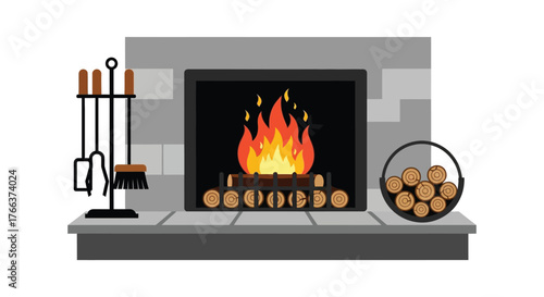 A cozy fireplace with burning logs and tools isolated on white background