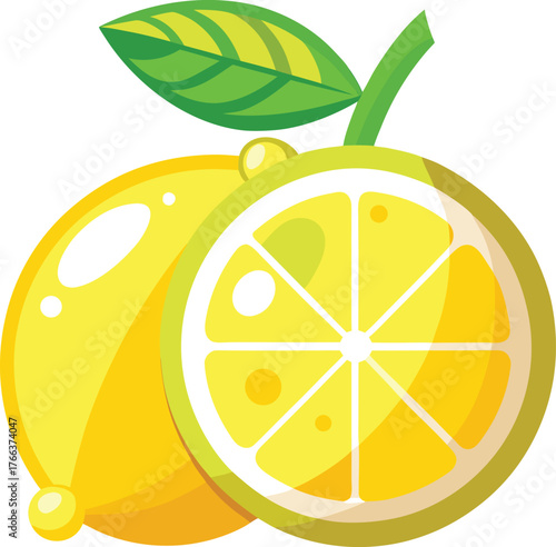 Fresh Yellow Lemon with Leaf  Vector Illustration of Whole and Sliced Citrus Fruit