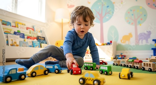 Engaged Toddler Playing with Toy Cars in a Bright Room.
