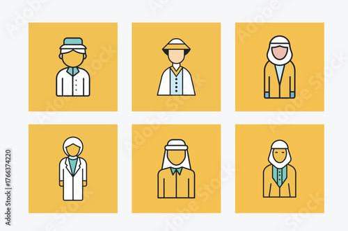 Vector illustration set of business people icons, including silhouette figures of men and women in a team setting