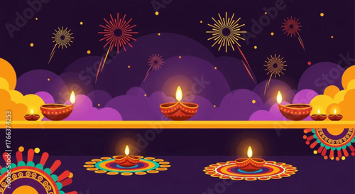 Beautiful Diwali celebration scene with glowing candles and vibrant fireworks display