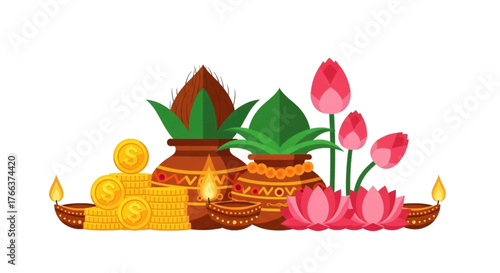 Celebrate prosperity with Kalash pots, lotus flowers, and gold coins for festive occasions