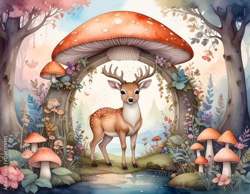 Fototapeta Naklejka Na Ścianę i Meble -  Whimsical forest scene featuring a deer under a giant mushroom