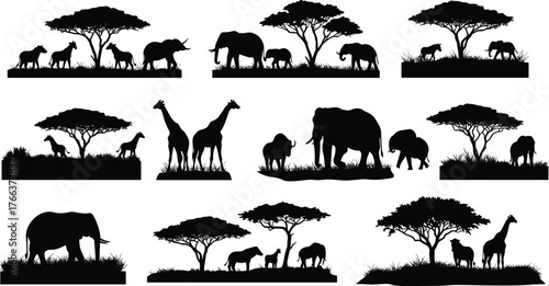 African wildlife silhouettes with elephants, giraffes, trees and savanna landscape, safari nature illustration, wild animal adventure in Africa jungleAfrican wildlife silhouettes with elephants, 