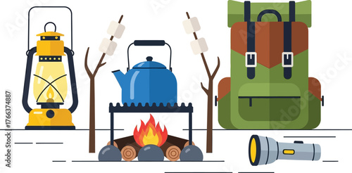 Camping equipment with lantern, backpack, kettle, bonfire, and marshmallows isolated on white background