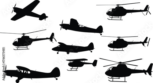 Aircraft silhouettes, airplane illustration, helicopter silhouettes, aviation design, biplane artwork, monoplane silhouettes, flying machines, aviation concept, aircraft artwork, aviation collection