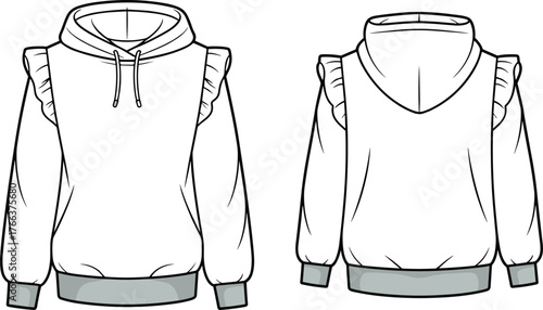 Hooded sweatshirt with ruffle detail technical flat sketch, front and back view, cad drawing flat vector illustration, garment template fashion apparel