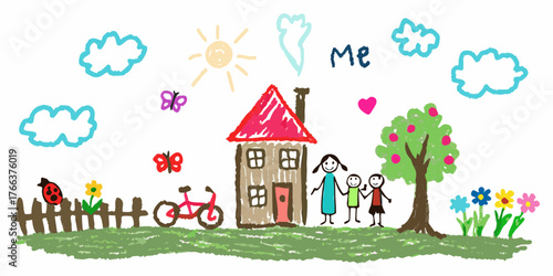 Charming childlike drawing of a happy family in front of their home with a garden and bicycle