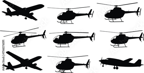 Aircraft silhouettes, airplanes and helicopters, black and white, aviation illustration, flight design, aeronautics, transportation art, aviation study, flying machines