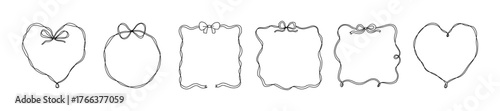 Set of elegant whimsical hand drawn frames with wavy squiggle curly ribbon and bow in trendy, vintage retro styles. Perfect for wedding, birthday or party invitations or greeting card decor