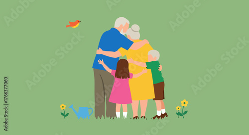 A heartwarming illustration of a multigenerational family hug in a garden.