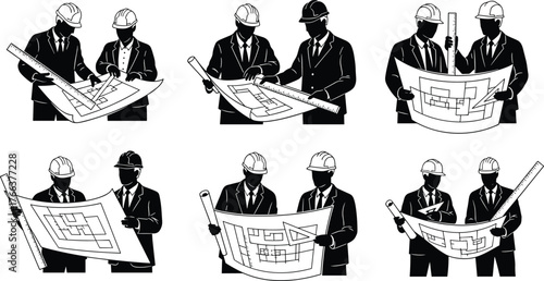 Architects and Engineers Reviewing Blueprints, Cartoon Construction Planning Scene, Suits and Helmets, Building Layouts, Collaboration, Design, Professional Teamwork, Structure, Geometry