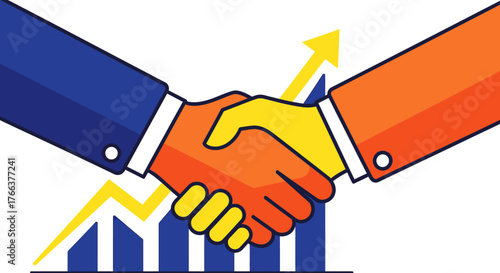 Business handshake with upward trend graph representing partnership and growth.