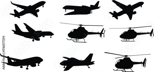 Aircraft silhouettes, airplanes and helicopters, black and white, aviation illustration, flight design, aeronautics, transportation art, jet, aviation study, flying machines