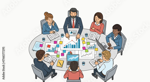 Business meeting illustration with diverse team around oval table.
