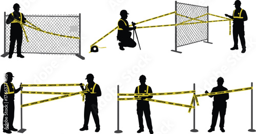 Caution Tape Installation Silhouettes, Safety Zone Setup, Hard Hat Workers, Hazard Area Marking, Industrial Scene, Black Figures, Construction Protocol