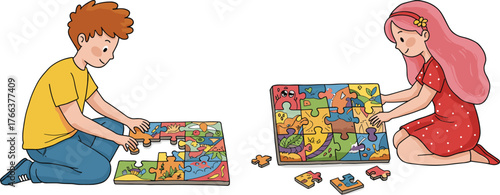 Cartoon children solving jigsaw puzzles, indoor activity, cognitive development, teamwork, colorful pieces, playful learning, problem-solving, educational fun, floor game scene