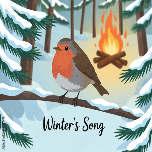 bonfire, illustration, drawing, winter, forest, fire, color, snow, outdoor, camp, nature, art, wood, tourism, background, tree, night, graphic, white, object, flame, christmas, campfire, design, firew