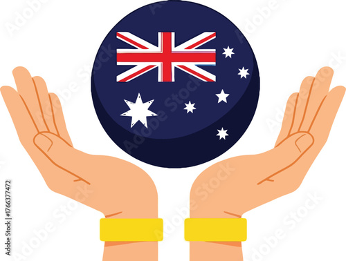 Show your Australian pride with this vibrant illustration of hands holding the Australian flag, perfect for celebrating national holidays or promoting tourism