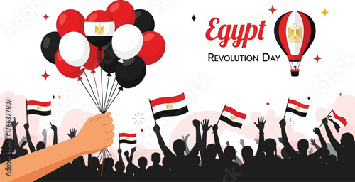 Celebrate Egyptian Revolution Day with vibrant balloons and cheering crowds waving flags in patriotic display of national pride and unity for July 23rd