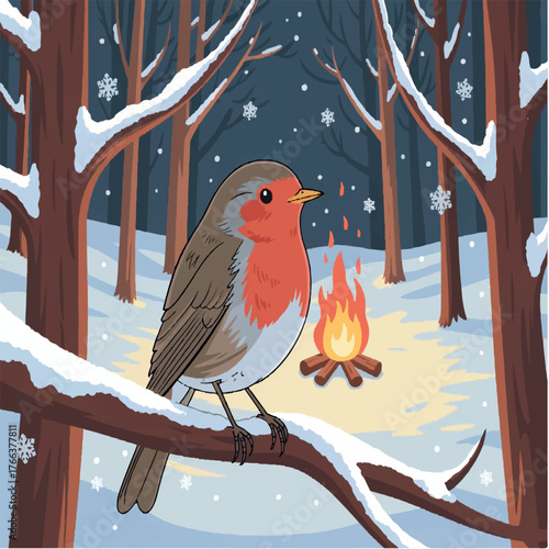 bonfire, illustration, drawing, winter, forest, fire, color, snow, outdoor, camp, nature, art, wood, tourism, background, tree, night, graphic, white, object, flame, christmas, campfire, design, firew