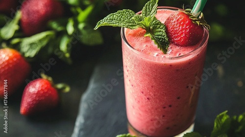 A refreshing strawberry smoothie is served in a tall glass with a straw, garnished with mint leaves and fresh strawberries, creating a vibrant and delicious drink.