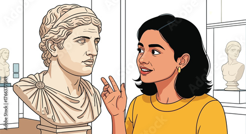 Intrigued woman explores ancient history, admiring sculpture in modern museum, sparks cultural conversations and creative inspiration with timeless art