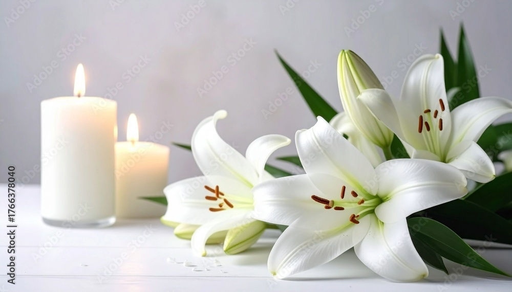 Obraz premium Beautiful white lily flowers and burning candles on white table.
