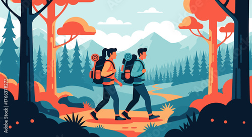 Couple Hiking Through Vibrant Autumn Forest Landscape with Mountains.