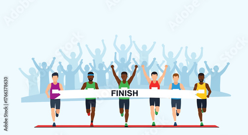 Diverse group of male runners celebrating at the finish line of a marathon.