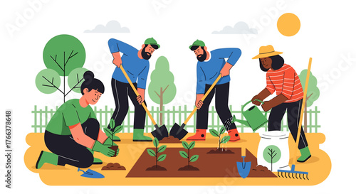 Diverse Group of People Gardening Together in a Community Garden.