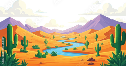 Discover serenity in this vibrant desert landscape with a winding river, perfect for travel blogs, nature posters, or a calming background for presentations